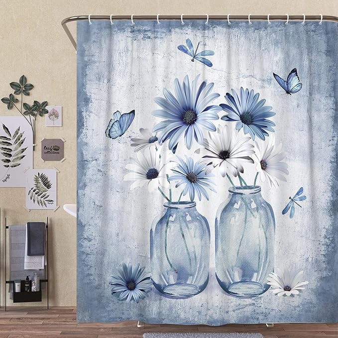 Rustic Farmhouse Blue Floral Shower Curtain, Light Blue Daisy Flowers Butterfly Dragonfly on Abstract Aesthetic Country Wooden Boho Shower Curtain Set, White Bathroom Accessory Sets with Hooks, 47X64
