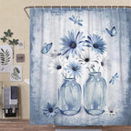Rustic Farmhouse Blue Floral Shower Curtain, Light Blue Daisy Flowers Butterfly Dragonfly on Abstract Aesthetic Country Wooden Boho Shower Curtain Set, White Bathroom Accessory Sets with Hooks, 47X64