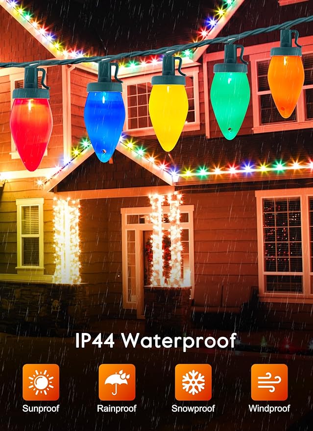 C9 Christmas Lights Outdoor, 100 Feet Strawberry Waterproof String Lights with 100 Bulbs, Connectable Waterproof Lights for Holiday Party Roofline Backyard Patio, Green Wire(Multicolor)