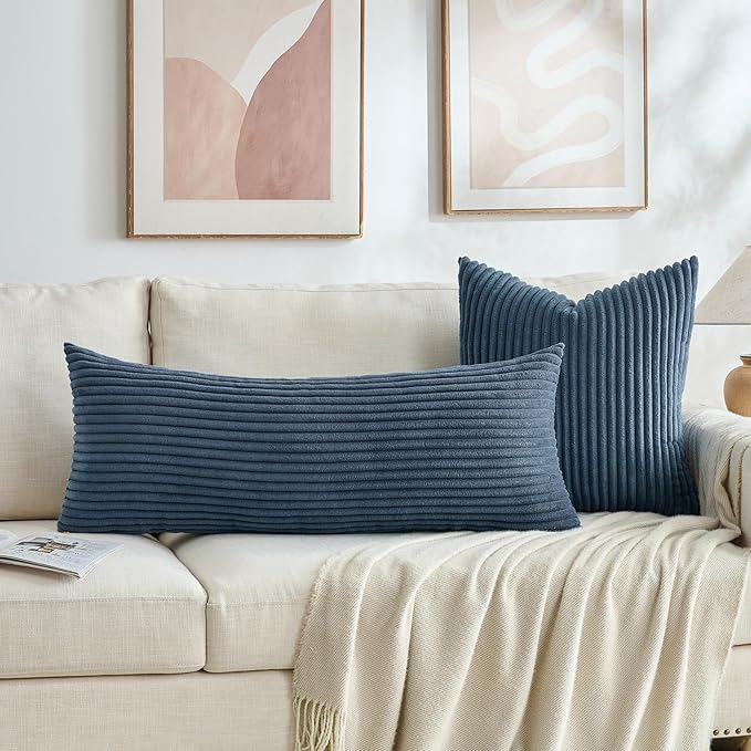 Fancy Homi Set of 2 Dusty Blue Boho Decorative Throw Pillow Covers 18x18 Inch for Couch Bed Sofa, Aesthetic Modern Farmhouse Room Decor, Soft Fuzzy Fluffy Cozy Corduroy Textured Cushion Case 45x45cm