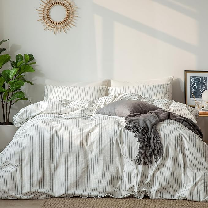 MooMee Striped Duvet Cover Set 100% Washed Cotton Linen Like Textured Breathable Durable Soft Comfy (White Dark Grey Wide Stripes, Twin 68"x90")