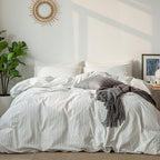 MooMee Striped Duvet Cover Set 100% Washed Cotton Linen Like Textured Breathable Durable Soft Comfy (White Dark Grey Wide Stripes, Twin 68"x90")