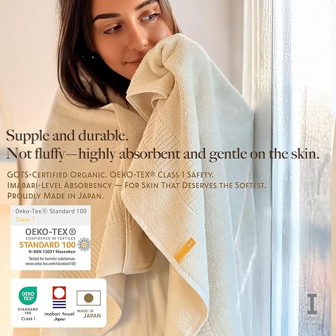 Extra Absorbent Organic Cotton Bath Towels, Soft & Plush, Made in Japan, Oeko-Tex Class 1 Certified, 28 x 53 inch, Ivory, Pack of 2 – Proof of Purity