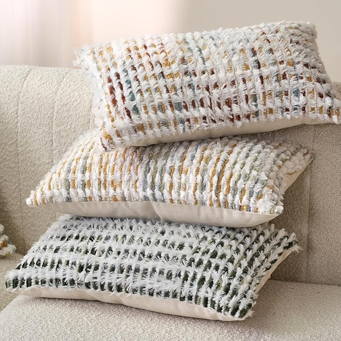 Aeckself Boho Chenille Tufted Pillow Cover 12 x 20 Inch, Rectangle Decorative Lumbar Throw Pillow Cover Neutral Pillowcase for Couch Bedroom Living Room, Orange White