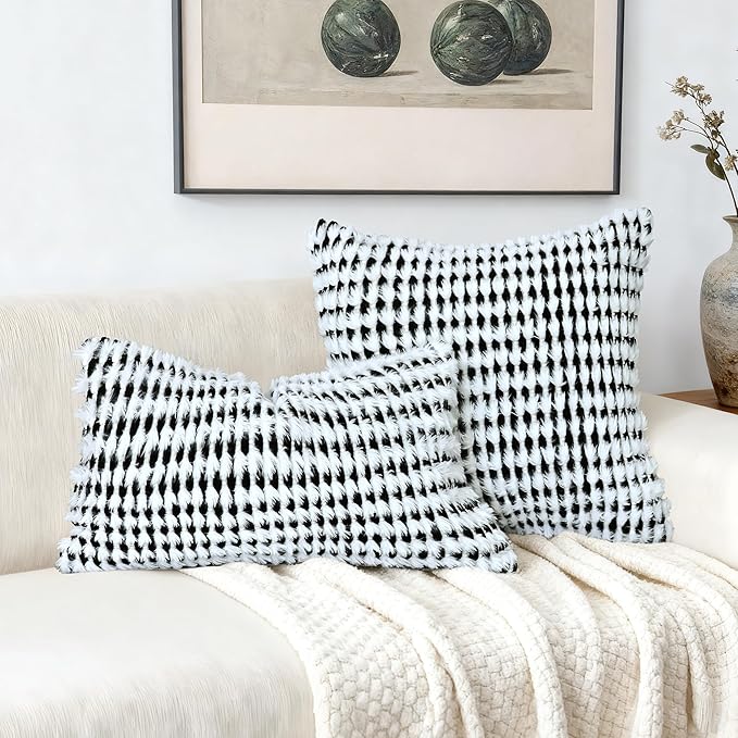 Boho Chenille Tufted Pillow Cover 20x20 Inch Set of 1, Farmhouse Striped Decorative Pillow Covers Accent Fluffy Neutral Square Pillowcases for Couch Sofa Bedroom Living Room, Black White