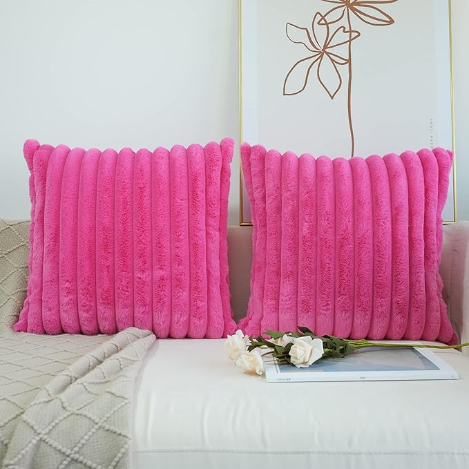 JOJUSIS Pack of 2 Faux Fur Plush Decorative Throw Pillow Covers Couch Cushion Case Soft Pillowcases (Hot Pink, 22 x 22-Inch)