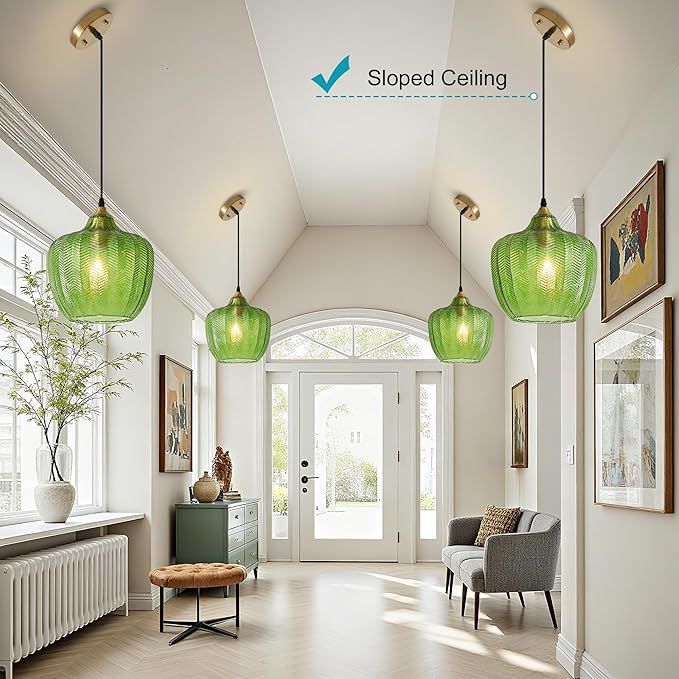 Modern Gold Pendant Light, Green Glass Farmhouse Kitchen Island Pendant Light Fixture Adjustable Vintage Hanging Ceiling Light for Dining Room Corridor Bedroom 9.45 inch