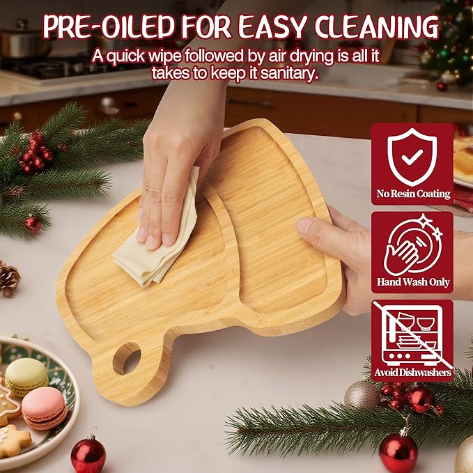 WILLKOMMEN Christmas Serving Tray, Bamboo Christmas Hat Shaped Serving Platter, Charcuterie Board Serving Dishes 10" x 9" for Party Cookie Fruit Tray Cheese Board Plate