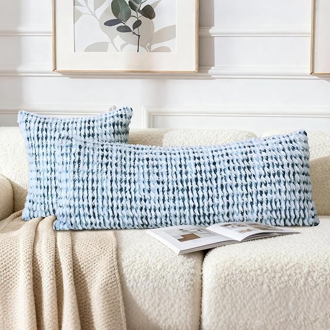 Boho Chenille Tufted Pillow Cover 14x36 Inch Set of 1, Farmhouse Striped Decorative Pillow Covers Accent Fluffy Neutral Long Body Bolster Pillow for Couch Sofa Bedroom Living Room, Blue White