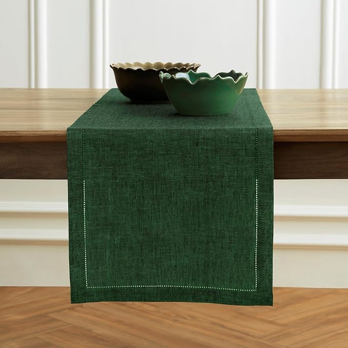 Solino Home Linen Table Runner 144 Inches Long - Milan Hemstitch 100% Pure Linen Forest Green Dining Table Runner 14 x 144 Inch for Fall, Autumn, Thanksgiving - Handcrafted and Machine Washable