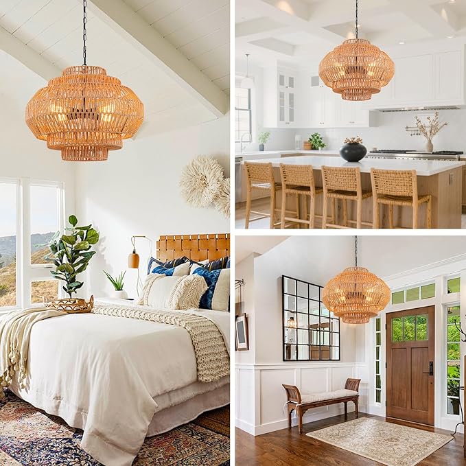 23.6-in Rattan Chandelier Boho Pendant Light Fixture Dinning Room Chandelier Boho Hanging Light Large Basket Light Woven Rattan Pendant Light for Kitchen Island Bedroom Farmhouse Living Room
