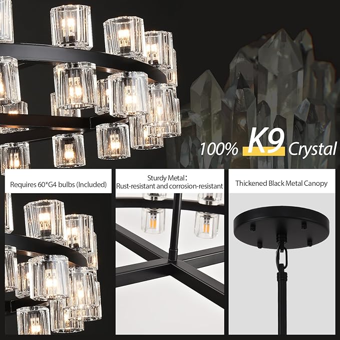 Modern 60 inch Black Round Chandelier, Extra Large Chandeliers Crystal Chandeliers for Living Room, Large Wagon Wheel Chandelier for Foyer, Staircase, Entrance,Includes Bulb