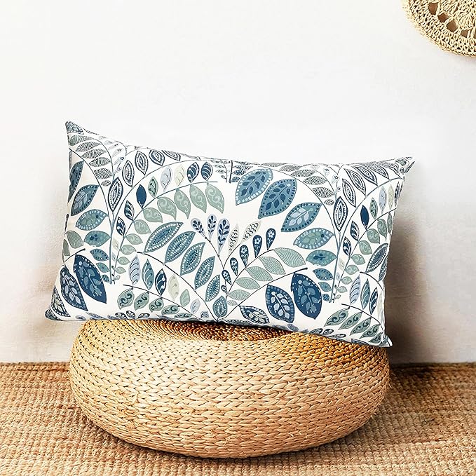 Decorative Throw Pillow Covers Set of 2 Blue Green Small Leaves Pillow Covers 12x20 inch Soft Short Plush Square Floral Throw Pillows,Farmhouse Outdoor Pillow Covers for Couch Living Room