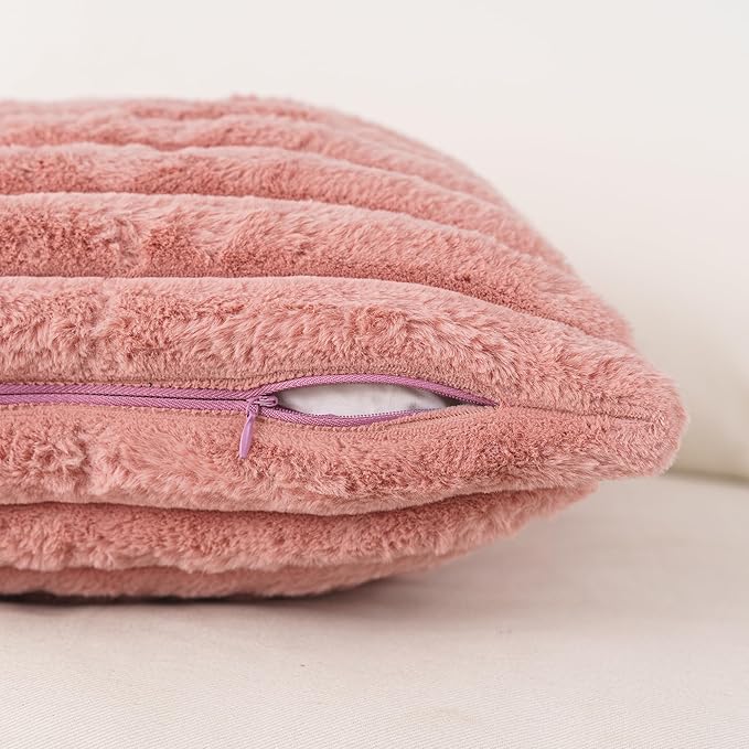 NiNi ALL Faux Fur Plush Throw Pillow Covers Pink 22x22 Inch Set of 2 Decorative Soft Plush Striped Couch Pillow Cover for Sofa Cushion Cases for Couch Bed Home Decor
