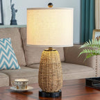 Touch Control Rattan Table Lamps, 3 Way Dimmable Bedside Lamps for Bedroom Set of 2 with 2 USB Ports and AC Outlet, Grass Rope Nightstand Lamps for Living Room Office (2 LED Bulbs Included)