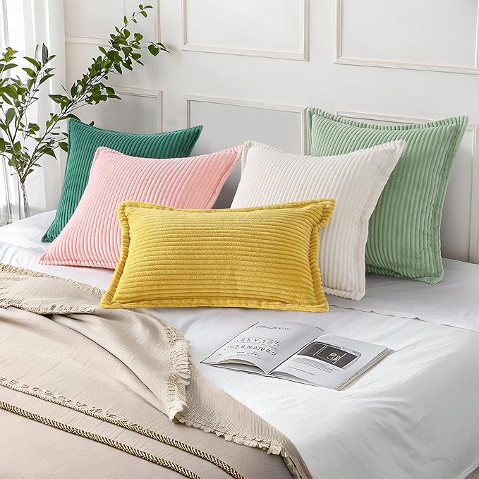 Mecatny Corduroy Throw Pillow Covers 22x22 Set of 2, Neutral Decorative Soft Boho Couch Pillow Covers with Broadside for Sofa Living Room, Sage Green