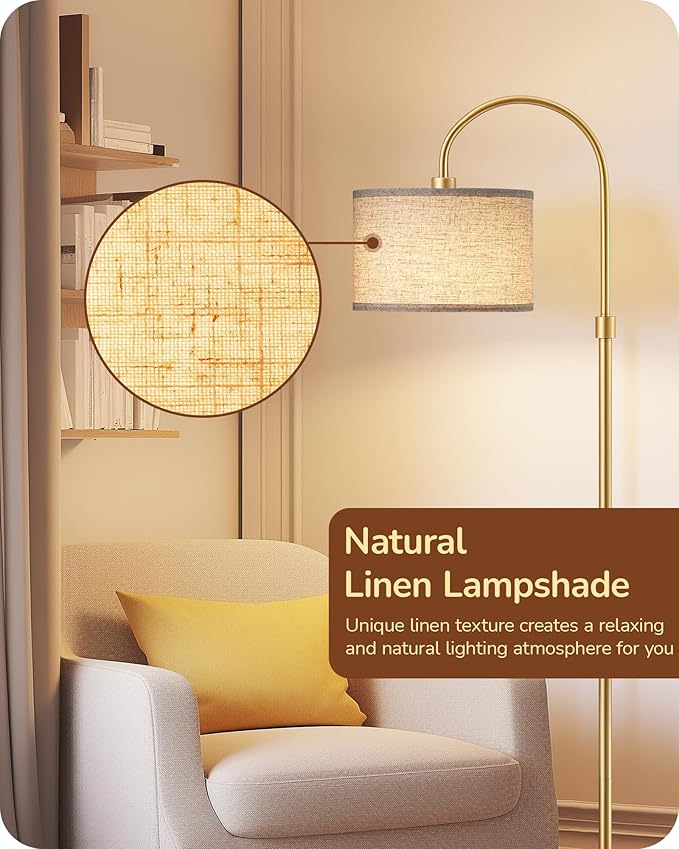 EDISHINE Modern Arc Floor Lamp with Remote, Dimmable Gold Floor Lamp, 3000K-6500K Color Temperatures, Tall Pole Reading Floor Lamps for Living Room Bedroom Office, Footswitch, LED Bulb Included