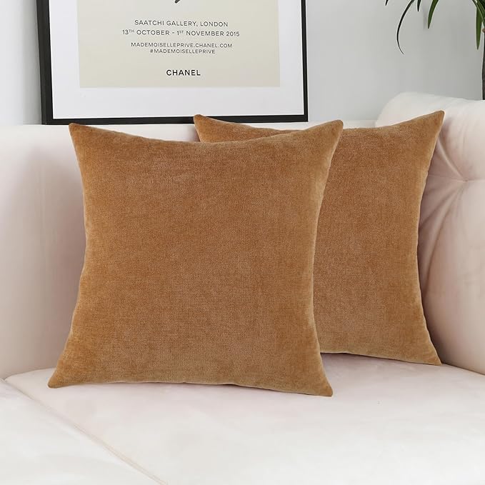 Jeneoo Golden Brown Decorative Throw Pillow Covers Soft Chenille Comfy Square Couch Cushion Cases for Living Room Sofa Decor (Set of 2, 12 x 20 Inches)