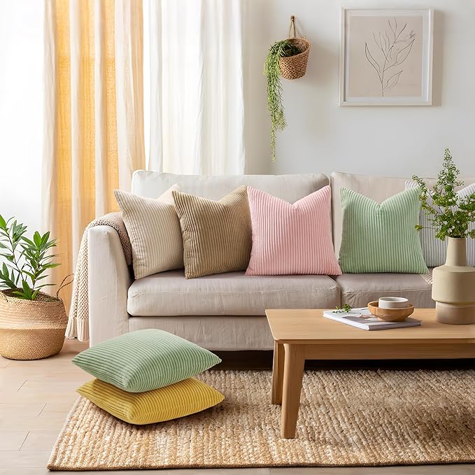 Mecatny Corduroy Decorative Throw Pillow Covers 24x24 Set of 2 for Sofa Living Room, Soft Neutral Boho Couch Pillow Covers for Home Decor, Sage Green