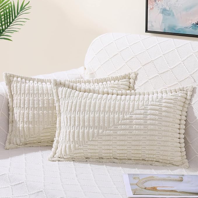 decorUhome Decorative Cream White Fall Throw Pillow Covers 12x20 Set of 2 with Splicing, Boho Lumbar Soft Neutral Corduroy Broadside Twill Pillow Covers for Couch Bed Sofa Living Room