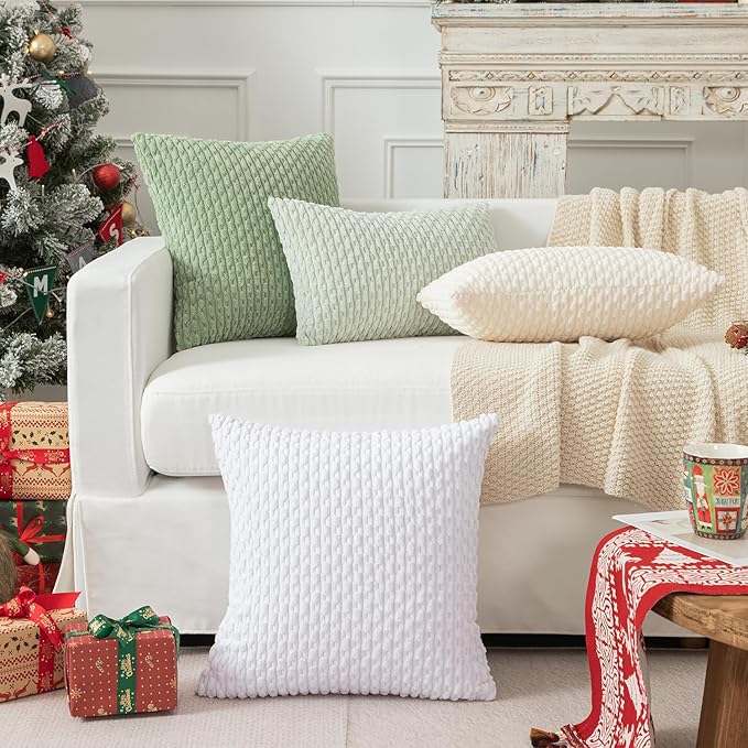 Kevin Textile 2 Packs Throw Pillow Covers for Couch Striped Velvet Cushion Covers for Chair 40x40 cm 16 x 16 Inch Pure White