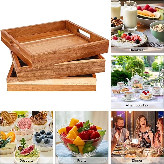 4 PCS Acacia Wood Serving Tray with Handles - 10 Inch Square Wooden Tray with Handles, Ideal as Breakfast, Coffee Table, Decorative, Serving(1.75 Inch Thickness)