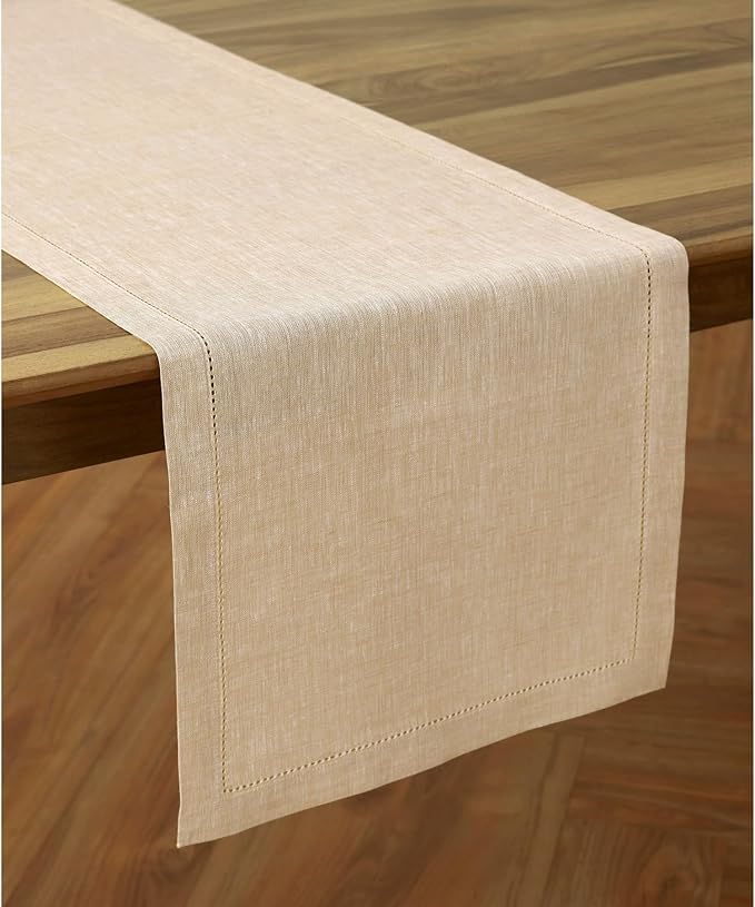 Solino Home Linen Table Runner 60 Inches - 100% Pure Linen Champagne Beige Hemstitch Table Runner 14 x 60 Inch Ideal for Dresser and Coffee Tables - Fall, Thanksgiving, Christmas, Holiday - Milan