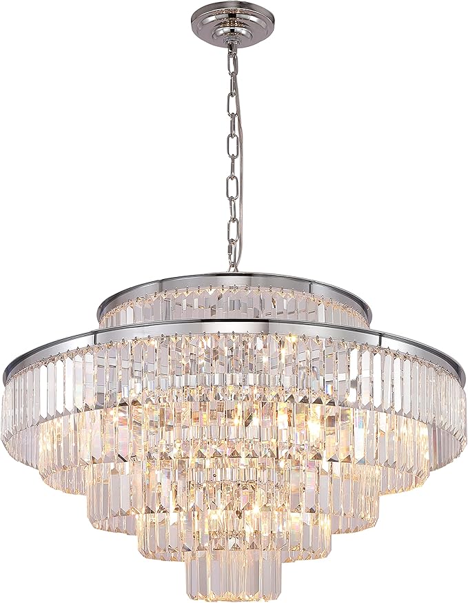 Modern Chrome Crystal Chandeliers Lighting 31'' & Lights Round Hanging Classic, Pendant Ceiling Chandelier Lighting Fixture 6-Tier for Dining Room Living Room(Chrome,31 inch)