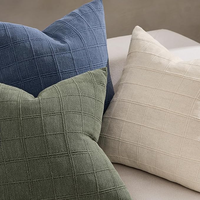 Woaboy Linen Check Throw Pillow Covers Set of 2 - Light Olive Green Farmhouse Modern Boho Vintage Christmas Decorative Cushion Covers for Sofa Couch Bedroom Living Room Decor 22x22 Inch