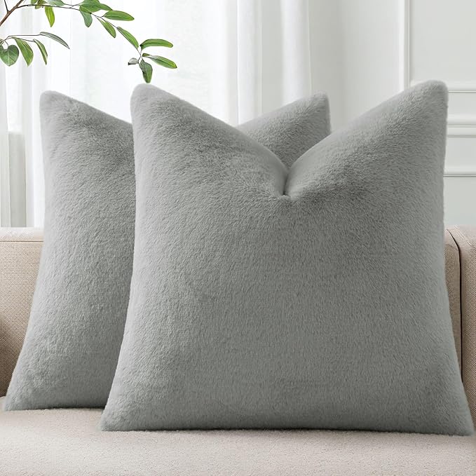 Pallene Faux Fur Plush Throw Pillow Covers 26x26 Set of 2, Soft Fluffy Couch Pillow Covers for Living Room, Grey