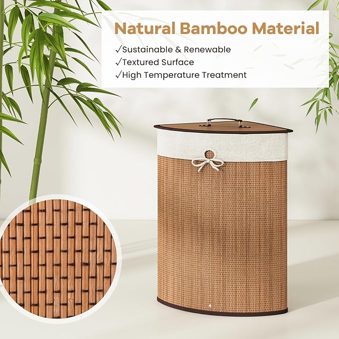 Giantex Corner Laundry Hamper with Lid, 58 L Bamboo Laundry Basket with Removable Liner & Handle, Triangle Clothes Hamper for Small Spaces, Bedroom, Bathroom, Laundry & Living Room (Bamboo)