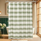 Boho Farmhouse Heavyweight Shower Curtain with Tassels, 350GSM Cotton Linen Woven Fabric Shower Curtain Striped, Sage Green Natural Country Bathroom Curtain Water Repellent