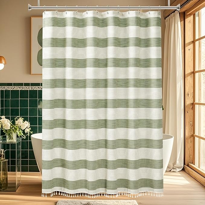Boho Farmhouse Heavyweight Shower Curtain with Tassels, 350GSM Cotton Linen Woven Fabric Shower Curtain Striped, Sage Green Natural Country Bathroom Curtain Water Repellent