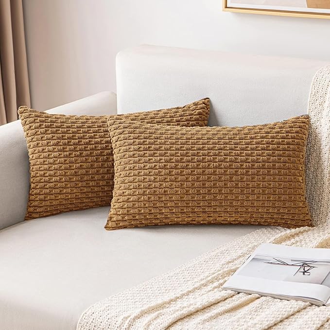 MIULEE Pack of 2 Decorative Lumbar Throw Pillow Covers 12x20 Inch Soft Boho Striped Textured Corduroy Pillow Covers Modern Farmhouse Home Decor for Couch Bed Sofa Living Room Light Coffee