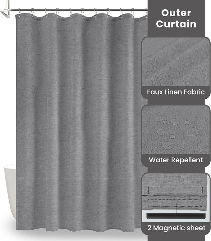 Inhousolu Boho Farmhouse Shower Curtain with Fabric Liner Set, Faux Linen Textured, 14 Metal Hooks Luxury Weighted Hem, Washable Wrinkle Free Bath Curtain for Hotel Bathroom 72" W x 96" L Grey