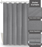 Inhousolu Boho Farmhouse Shower Curtain with Fabric Liner Set, Faux Linen Textured, 14 Metal Hooks Luxury Weighted Hem, Washable Wrinkle Free Bath Curtain for Hotel Bathroom 72" W x 84" L Grey