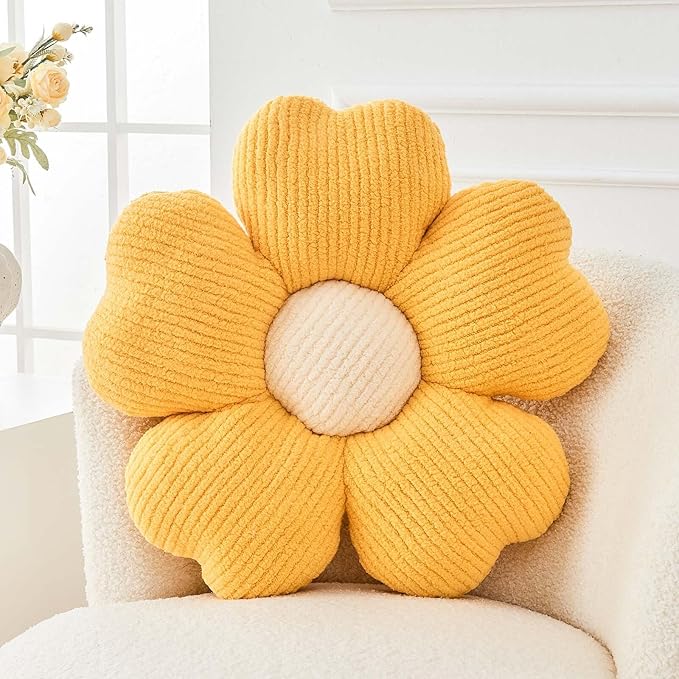 Flower Throw Pillow, Cute Flower Shaped Pillow Decorative Throw Pillow for Bed Couch, Soft Daisy Pillows Floor Seating Cushion Cushions (14.9 Inch Yellow)