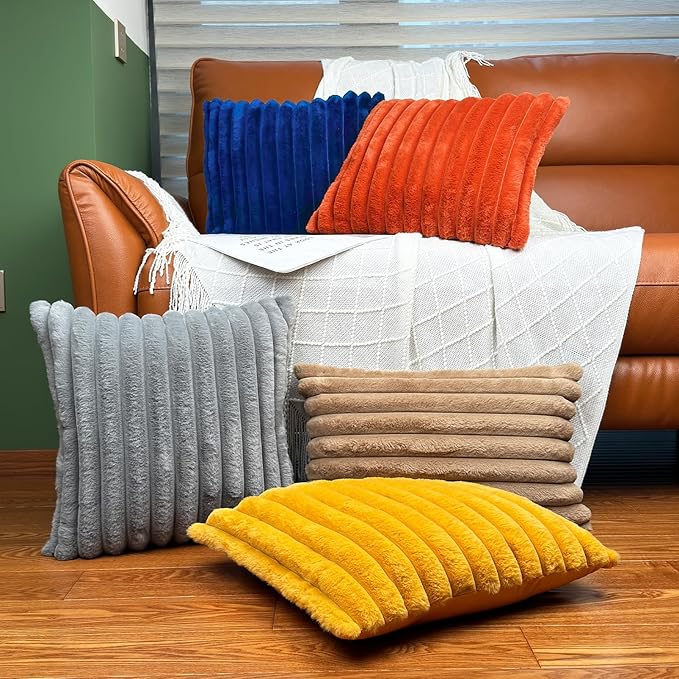 24x24 Pillow Covers, Decorative Faux Fur Throw Pillow Covers for Couch, Sofa Soft Fluffy Pillow Cover with Velvet Back for Living Room, Neutral Home Décor Accent for Bed - Burnt Orange