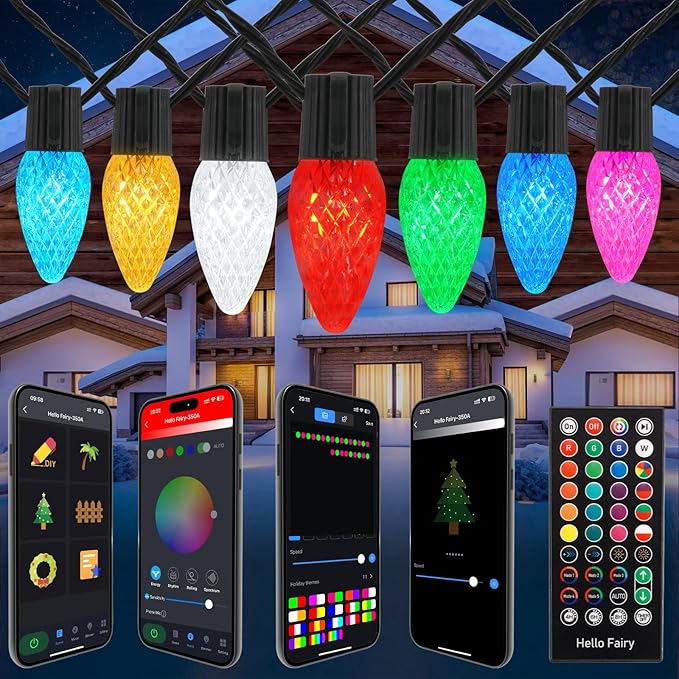 Christmas Outdoor Lights C9 33FT 50 LEDs, Smart APP Remote Control RGB String Lights Plug in, DIY Chasing Xmas Lights, Color Changing with Timer & Music Sync for Holiday Xmas Tree Decoration