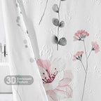 QiyI Small Stall Shower Curtain 36 x 72, Narrow Half Watercolor Floral Bath Curtain, 3D Embossed Grey Pink Flower Cloth Bathroom Curtain, Waterproof Fabric White Shower Curtain Set with Hooks