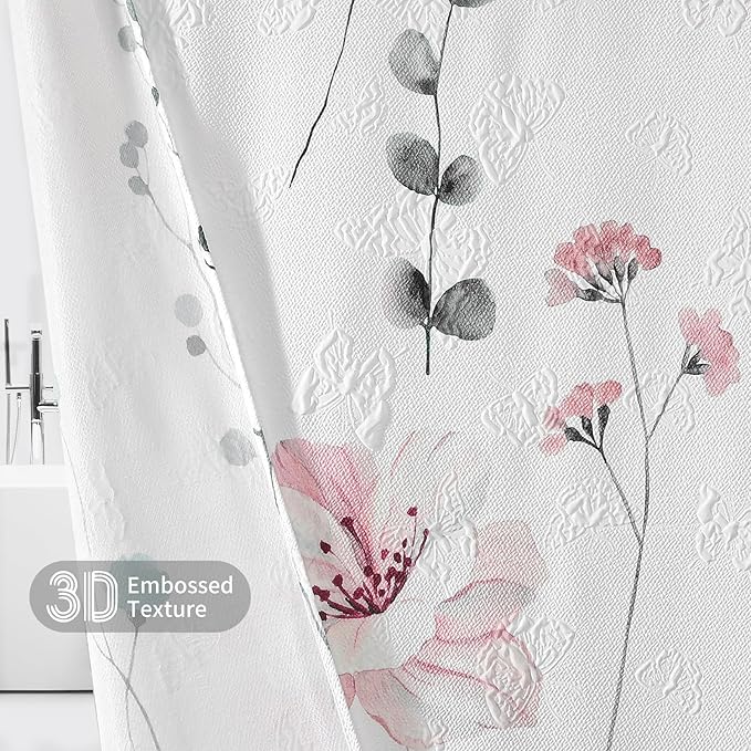 QiyI Long Shower Curtain 72 x 78, Modern Watercolor Floral Bath Curtain, 3D Embossed Texture Grey Pink Flower Cloth Bathroom Curtain, Waterproof Fabric Rustic Farmhouse Shower Curtain Set with Hooks