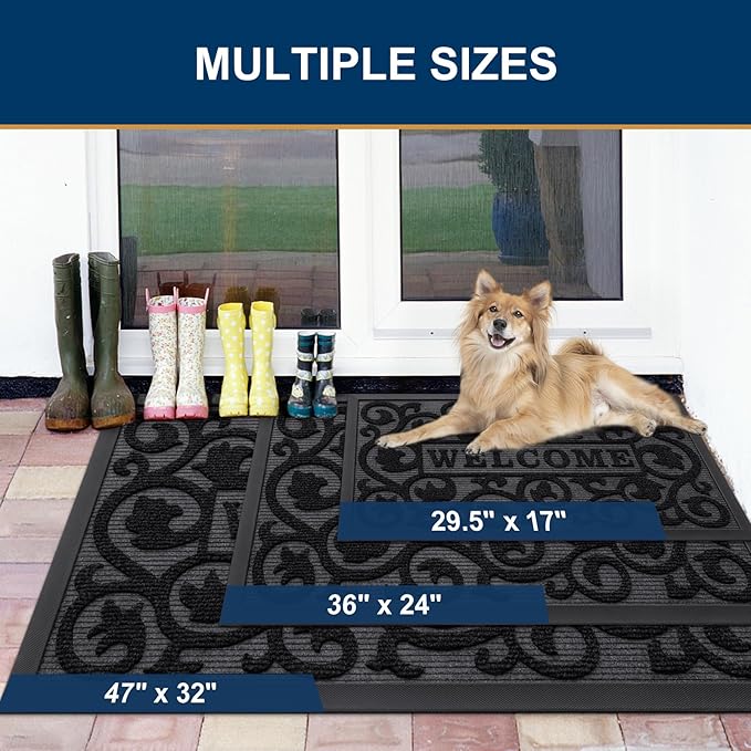 Smiry Welcome Door Mat Outside Entrance, Heavy Duty Trap Dirt and Moisture Easy Clean Low Profile Patio Porch Indoor Outdoor Front Doormat for Entry, 29.5x17 Inch, Black/Welcome