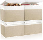 Large 22 Quart Linen Fabric Foldable Storage Bin Cube Organizer Basket with Flip-Top Lid & Handles, Clothes Blanket Box for Home, Office, Closet, Beige & White, 4 Pack 14.6 x 9.5 x 9.5”