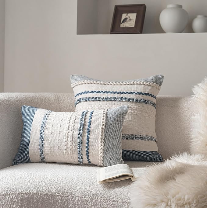 Boho Throw Pillow Covers 12x20 Inch Set of 2, Blue Textured Decorative Couch Pillow Cases for Farmhouse Home Decor, Accent Cushion Cover for Sofa, Bed, Living Room, Bedroom