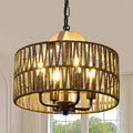 Antique Dining Room Light Fixture, 4-Light Rattan Pendant Light with Drum Shade, Adjustable Woven Wicker Ceiling Hanging Light, Farmhouse Boho Chandelier for Living Room Kitchen Island