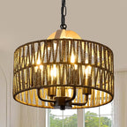 Antique Dining Room Light Fixture, 4-Light Rattan Pendant Light with Drum Shade, Adjustable Woven Wicker Ceiling Hanging Light, Farmhouse Boho Chandelier for Living Room Kitchen Island
