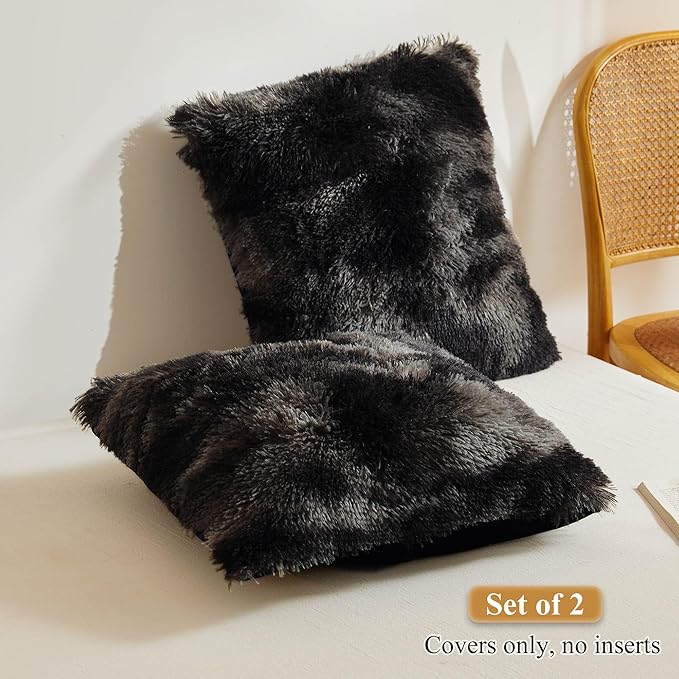 XeGe Tie Dye Faux Fur Throw Pillow Covers, Luxury Fluffy Plush Pillow Shams, Ombre Shaggy Decorative Pillow Cushion Cover for Sofa Bed Couch Zipper Closure, Pack of 2(18''x18'', Tie Dye Black)