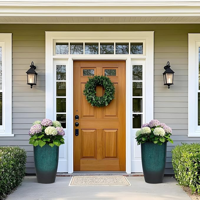 23.6" Set of 2 Tall Outdoor Planters, Gradient Turquoise Plastic Flower Pots, Weatherproof for Porch, Garden, Patio or Indoor Décor