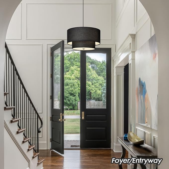 18" Drum Black Pendant Light, Large Modern Hanging Ceiling Chandelier Fixture with Dual Layer Linen Shade, Ideal for Dining Room, Living Room, Bedroom, and Kitchen