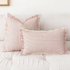 Throw Pillow Covers 12x20 Set of 2 Striped Fringe Pillow Cover Farmhouse Cushion Covers with Tassel Neutral Boho Pillows Decorative Square Pillowcase for Couch Sofa Bed, Red